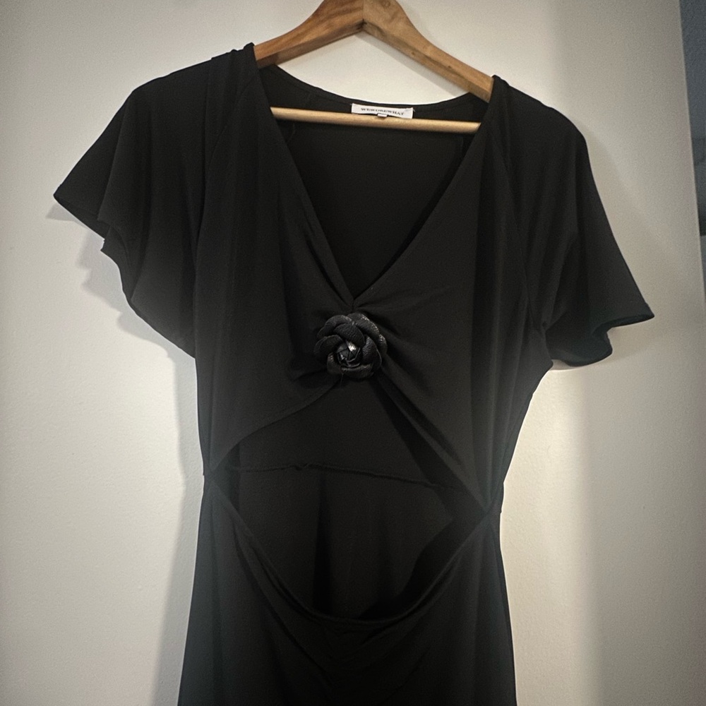 Black asymmetrical midi dress by WeWoreWhat